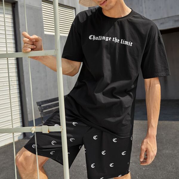 

Men Letter Graphic Tee & Shorts Set, Black