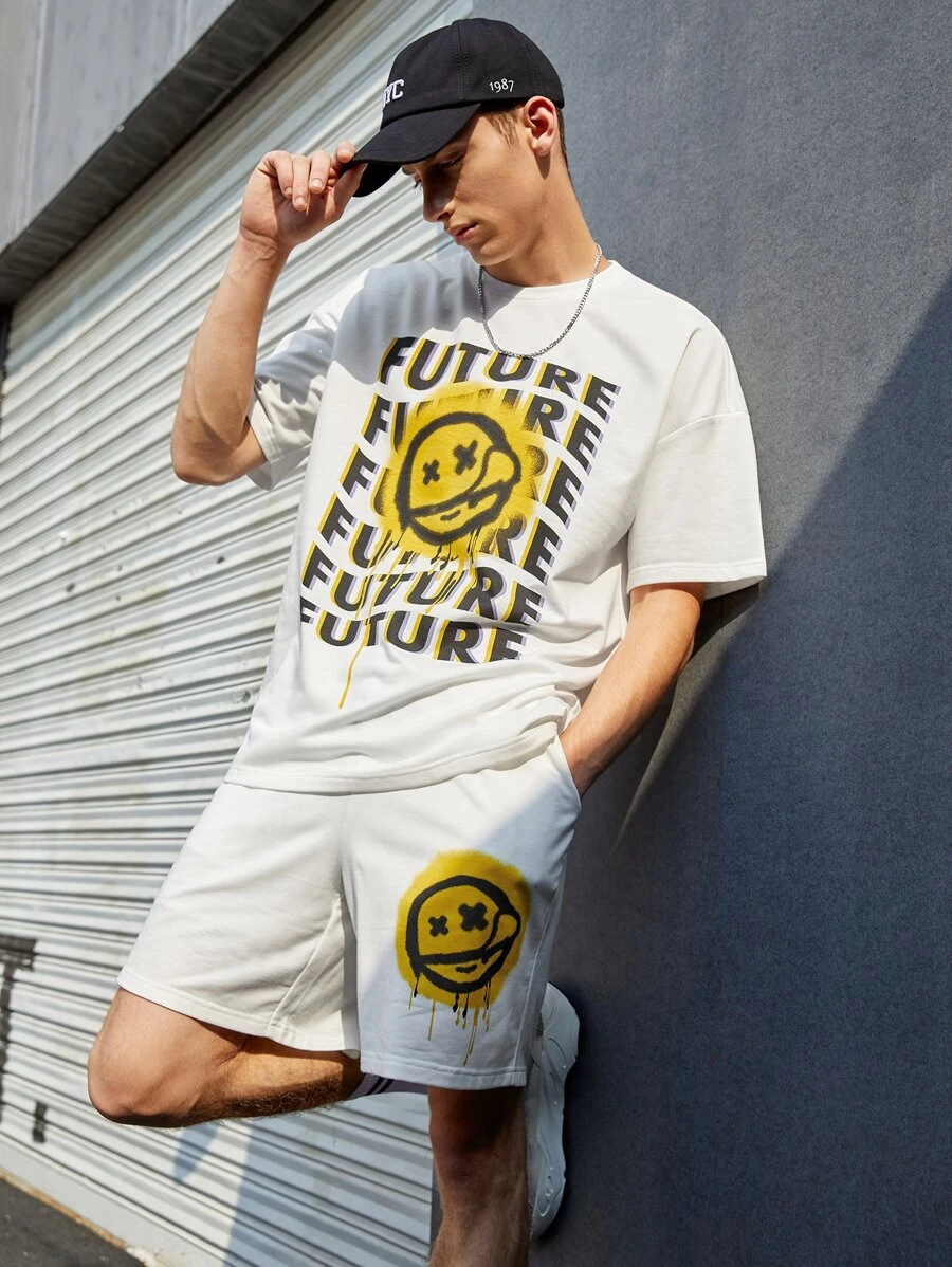 Manfinity RebelGame Men Drop Shoulder Letter Graphic Tee & Shorts Set - White - View 1