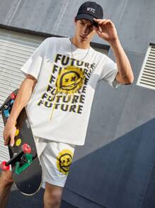 Manfinity RebelGame Men Drop Shoulder Letter Graphic Tee & Shorts Set - White - View 3