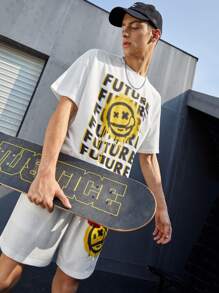 Manfinity RebelGame Men Drop Shoulder Letter Graphic Tee & Shorts Set - White - View 4