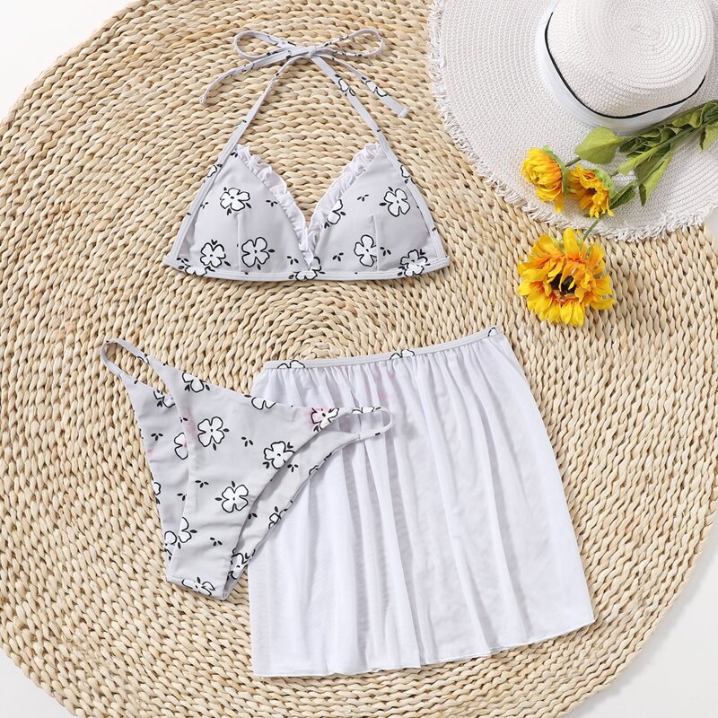 

3pack Ditsy Flower Frill Halter Bikini Swimsuit & Beach Skirt, Light grey