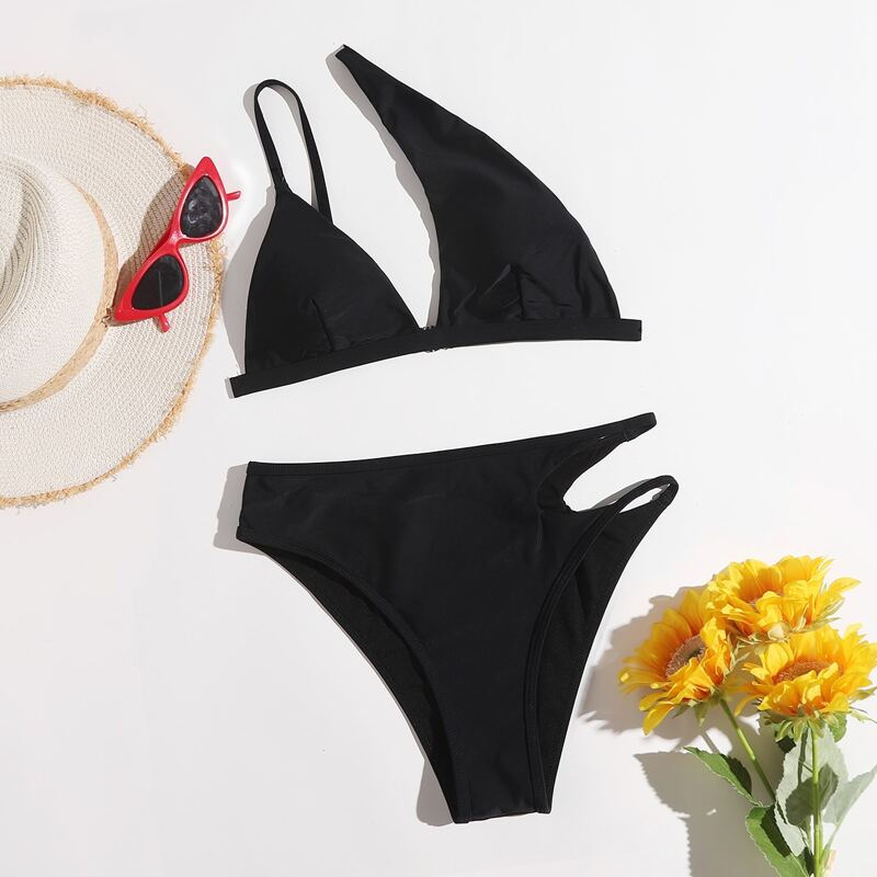 

Solid One Shoulder Cut Out Bikini Swimsuit, Black