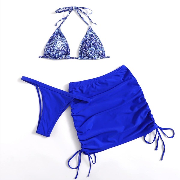 

Triangle Thong Bikini Swimsuit & Drawstring Beach Skirt, Blue
