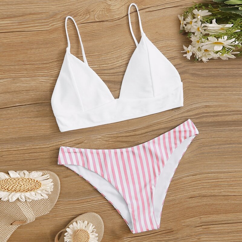 

Striped Seam Detail Bikini Swimsuit, Multicolor