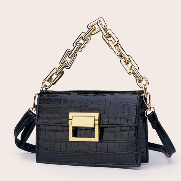 

Croc Embossed Chain Satchel Bag, Black