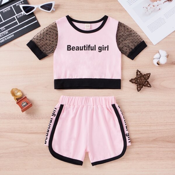 

Toddler Girls Contrast Mesh Sleeve Tee With Track Shorts, Pink