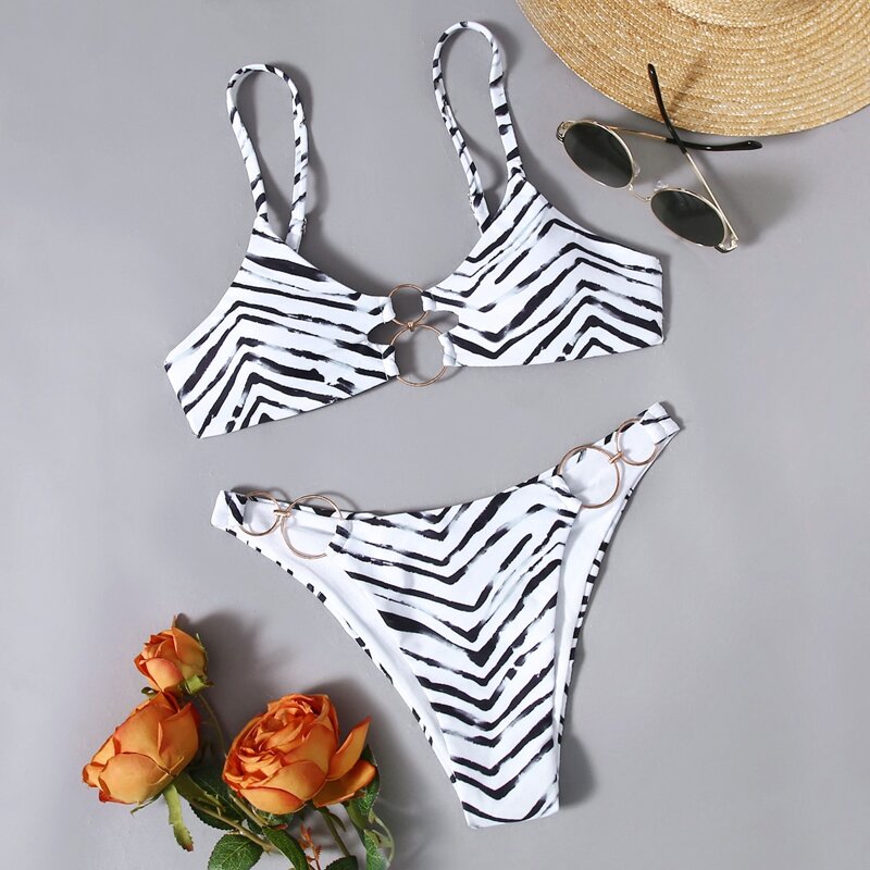 

All Over Print Ring Decor Bikini Swimsuit, Multicolor
