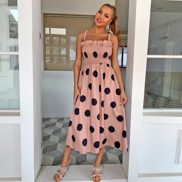 

Polka Dot Print Shirred Cami Dress, Dusty pink