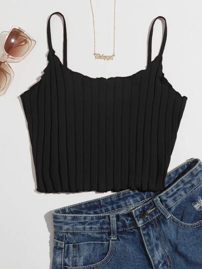 Top con bretelle sottile a coste con orlo a lattuga