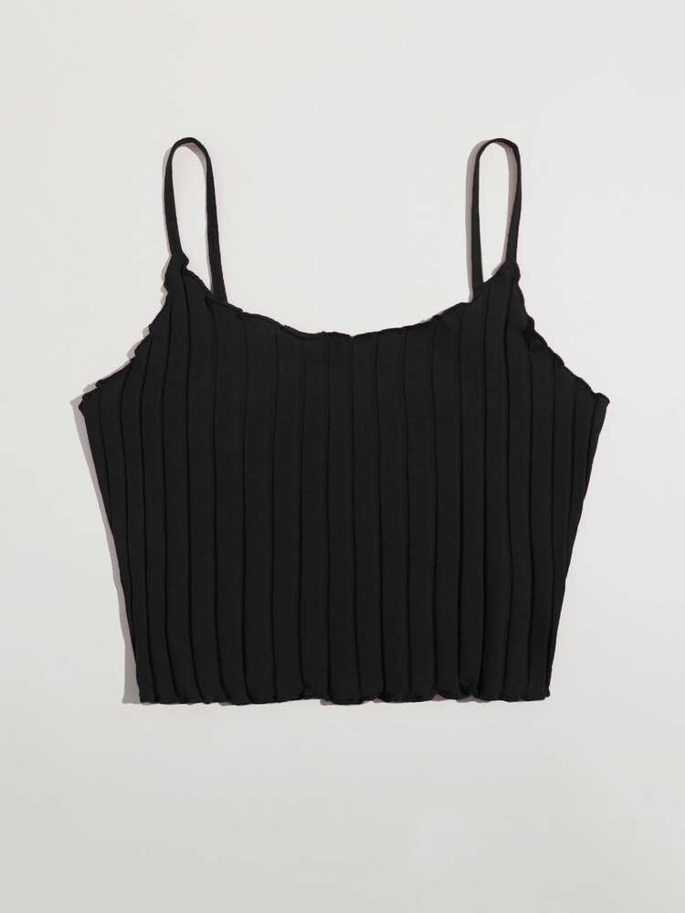 SHEIN EZwear Plus Lettuce Trim Rib-knit Cami Top - Black - View 5