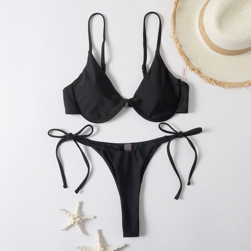 

Solid Push Up Tie Side Bikini Swimsuit, Black