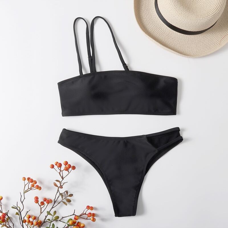 

Solid One Shoulder Cut Out Bikini Swimsuit, Black