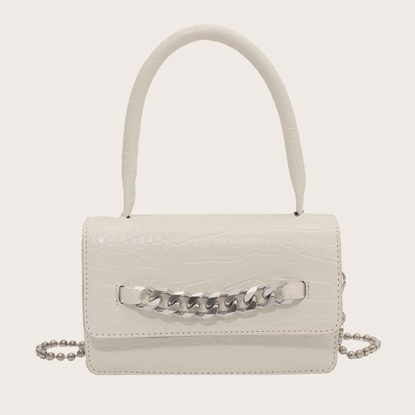 

Chain Decor Croc Embossed Satchel Bag, Beige