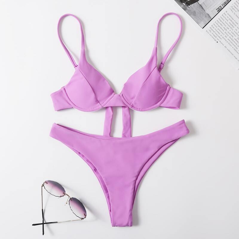 

Solid Push Up Tie Back Bikini Swimsuit, Lilac purple