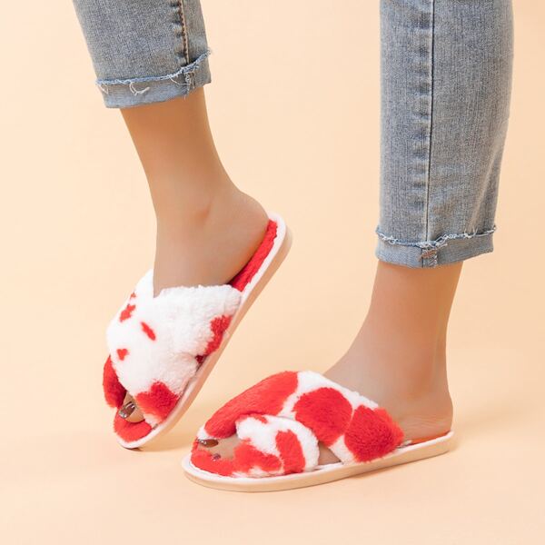 

Two Tone Open Toe Fluffy Slippers, Red and white