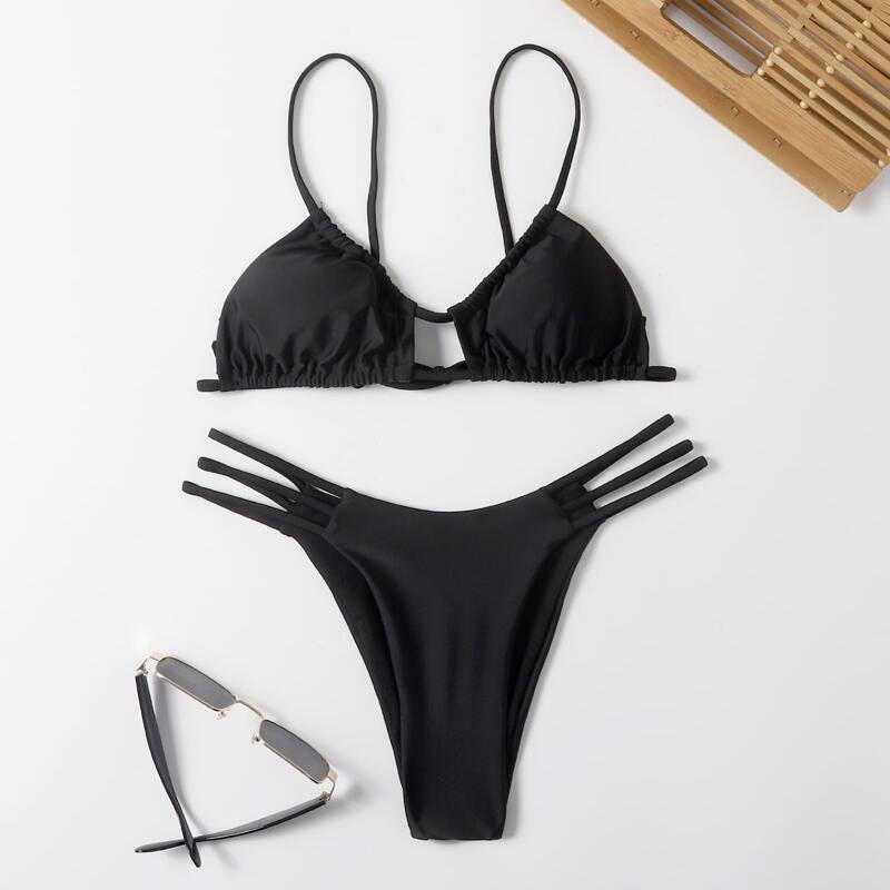 

Solid Cut Out Bikini Swimsuit, Black