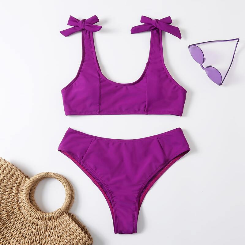 

Solid Bow Bikini Swimsuit, Purple