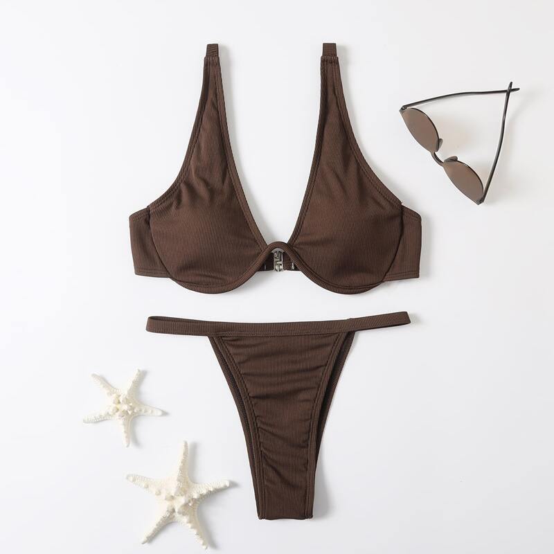 

Solid Push Up Thong Bikini Swimsuit, Coffee brown