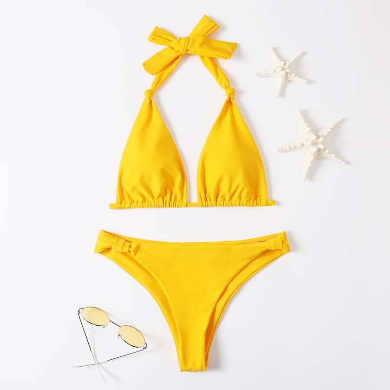 

Solid Halter Knot Bikini Swimsuit, Yellow