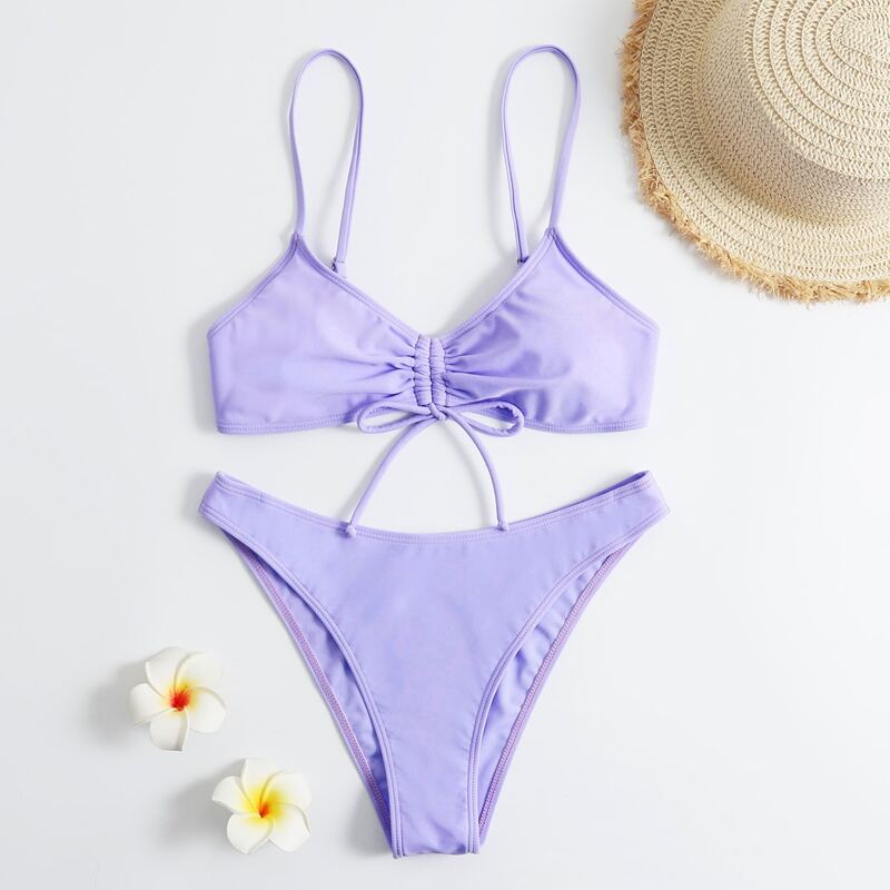 

Solid Drawstring Bikini Swimsuit, Lilac purple