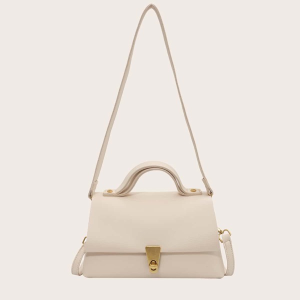 

Metal Lock Flap Satchel Bag, Beige