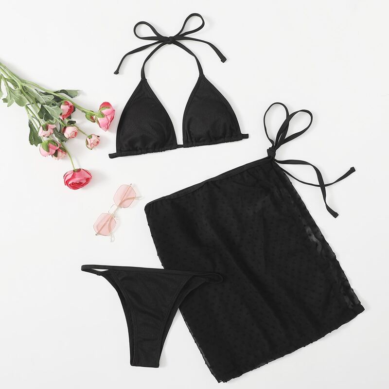 

3pack Solid Halter Thong Bikini Swimsuit & Dobby Mesh Beach Skirt, Black