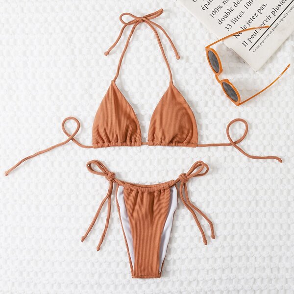 

Rib Triangle Thong Bikini Swimsuit, Burnt orange