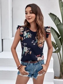 SHEIN LUNE Top con estampado floral de sisa fruncido - Azul Marino - Ver 1
