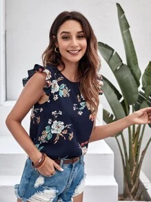 SHEIN LUNE Top con estampado floral de sisa fruncido - Azul Marino - Ver 5