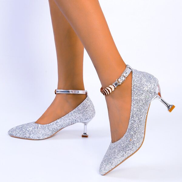 

Glitter Ankle Strap Pumps, Silver