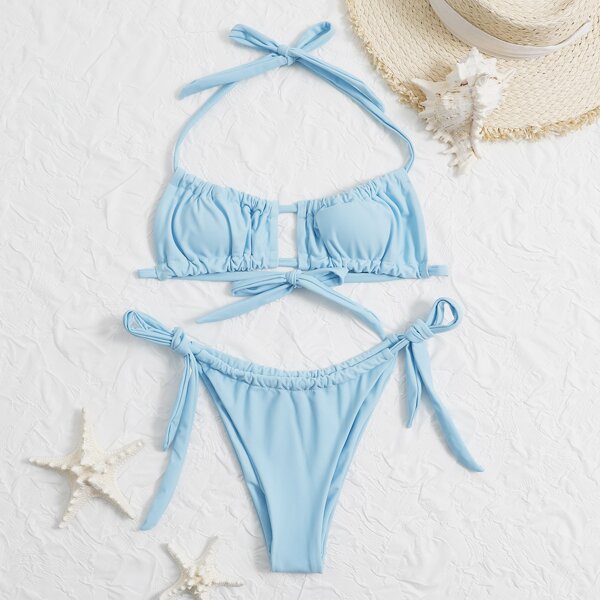 

Ruched Halter Tie Side Bikini Swimsuit, Baby blue