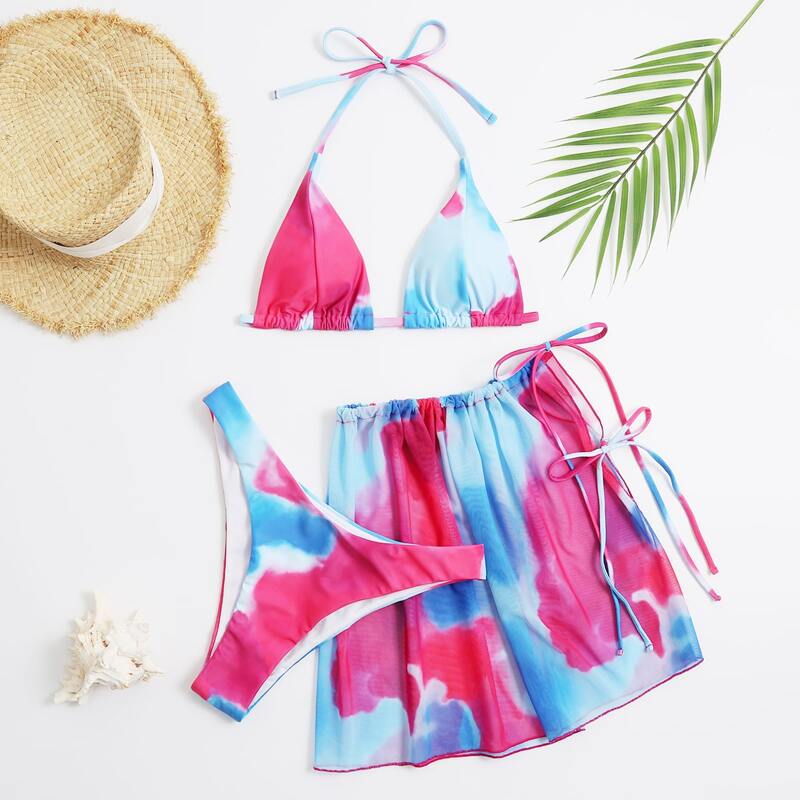 

3pack Tie Dye Halter Bikini Swimsuit & Beach Skirt, Multicolor