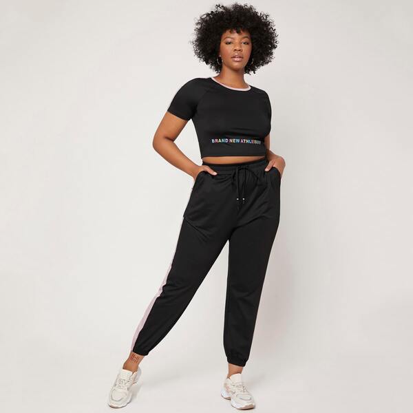 

Plus Letter Graphic Side Panel Sports Tee & Sweatpants, Black
