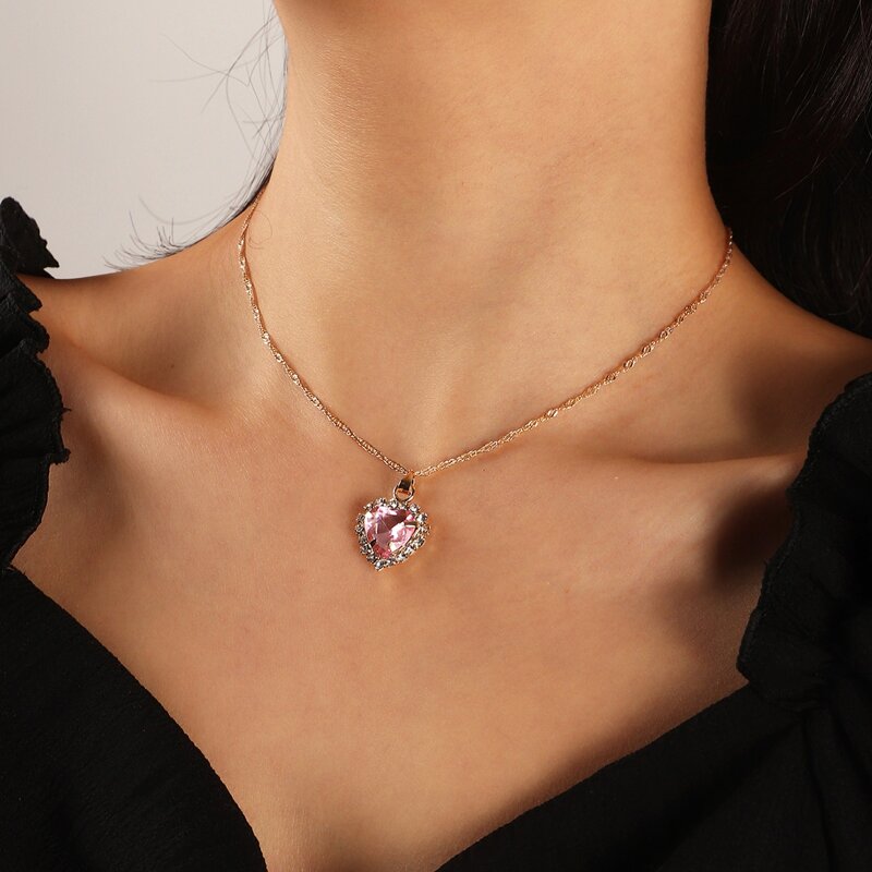 

Crystal Heart Charm Necklace, Pink