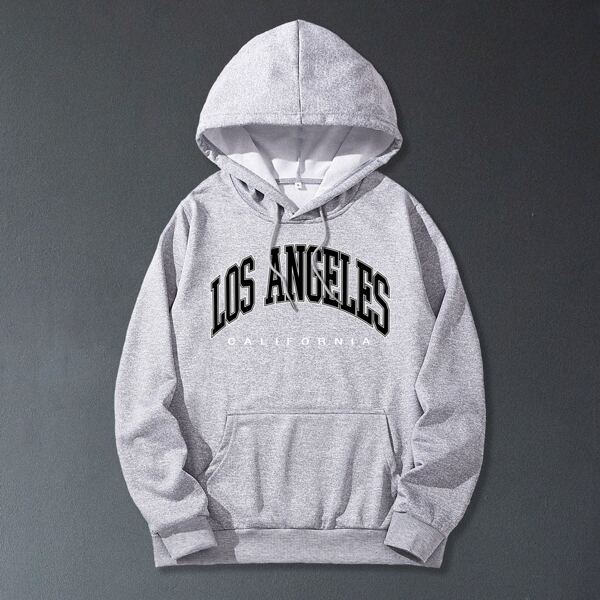 

Men Letter Graphic Kangaroo Pocket Hoodie, Light grey