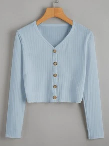 紐扣羅紋針織短版T恤 - 淺藍色 - 查看 1