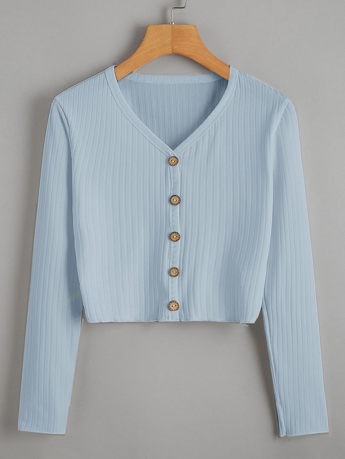 紐扣羅紋針織短版T恤 - 淺藍色 - 查看 1