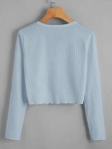 紐扣羅紋針織短版T恤 - 淺藍色 - 查看 2