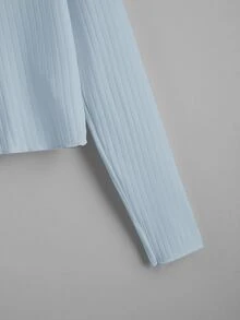 紐扣羅紋針織短版T恤 - 淺藍色 - 查看 3