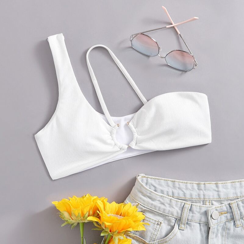 

Solid Ribbed One Shoulder Ring Decor Bikini Top, White