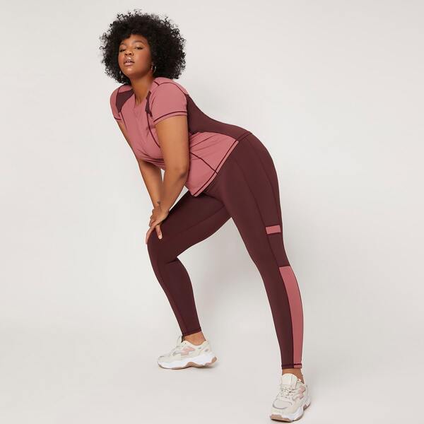 

Plus Colorblock Contrast Stitch Sports Tee & Leggings, Multicolor