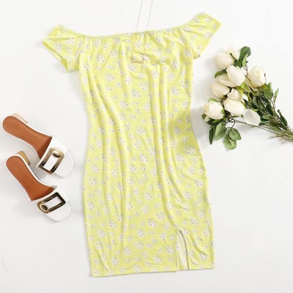 

Off Shoulder Split Hem Ditsy Floral Dress, Yellow pastel