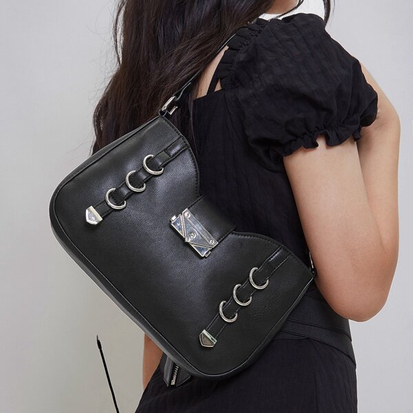 

Metal Decor Baguette Bag, Black