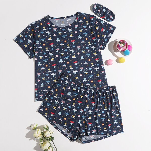 

Plus Allover Cartoon Graphic Pajama Set & Eye Cover, Navy blue