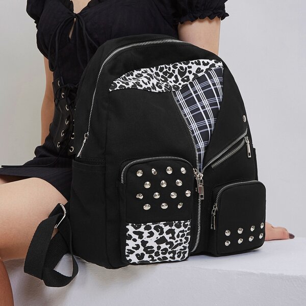 

Studded Decor Plaid Backpack, Black