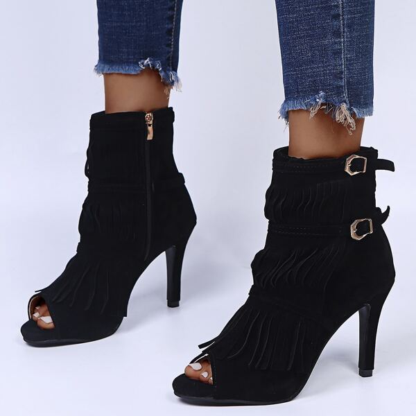 

Double Buckle Peep Toe Stiletto Heeled Sandals Boots, Black