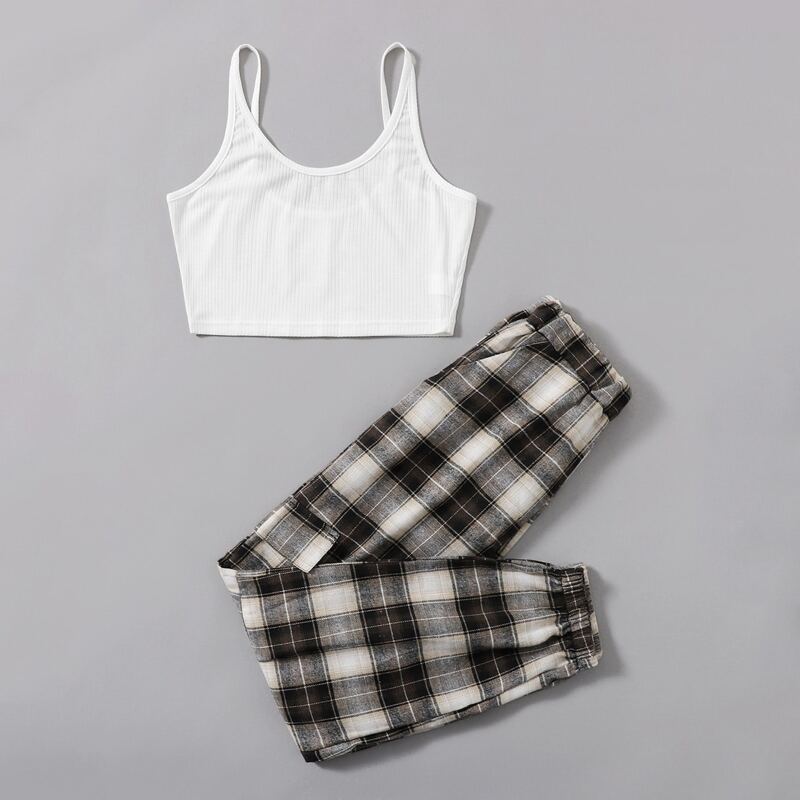 

Solid Crop Cami & Plaid Pants, Multicolor