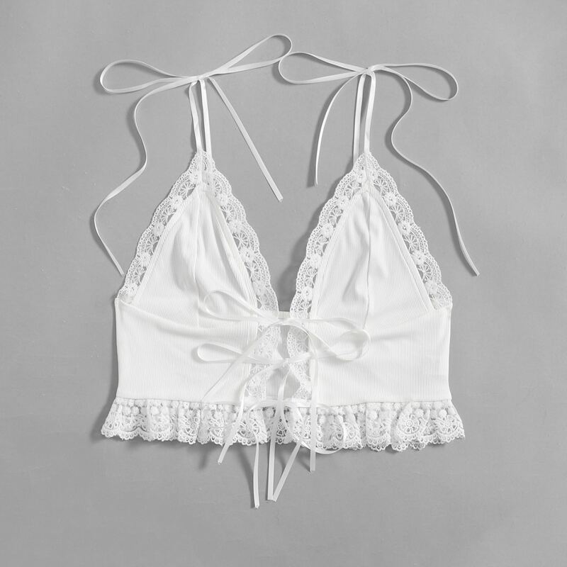 

Contrast Lace Tie Front Crop Top, White
