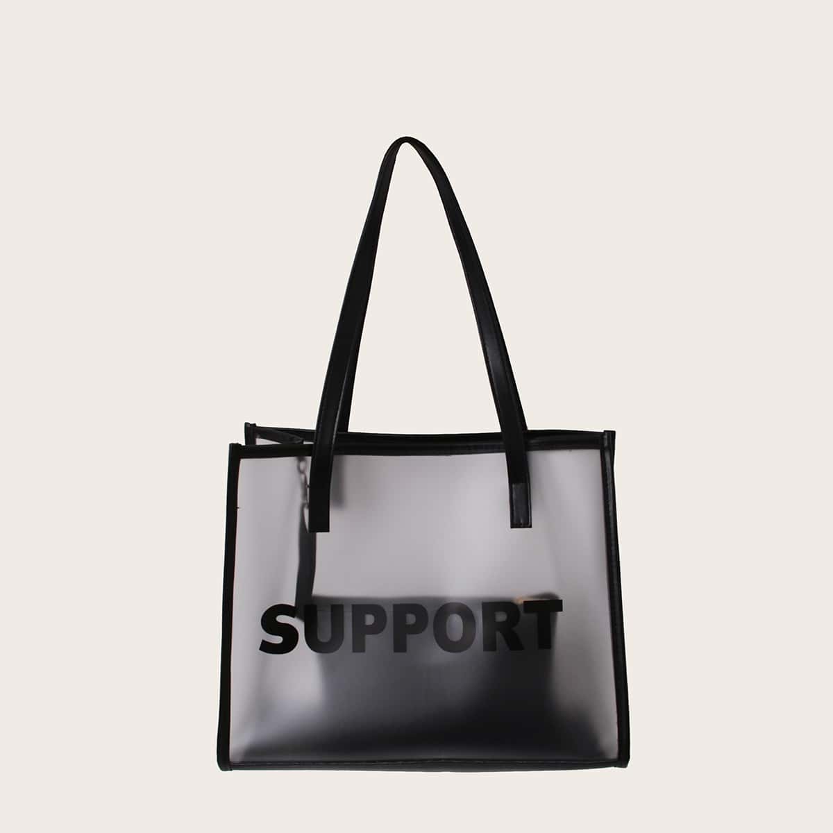 

Letter Graphic Tote Bag With Inner Pouch, White clear