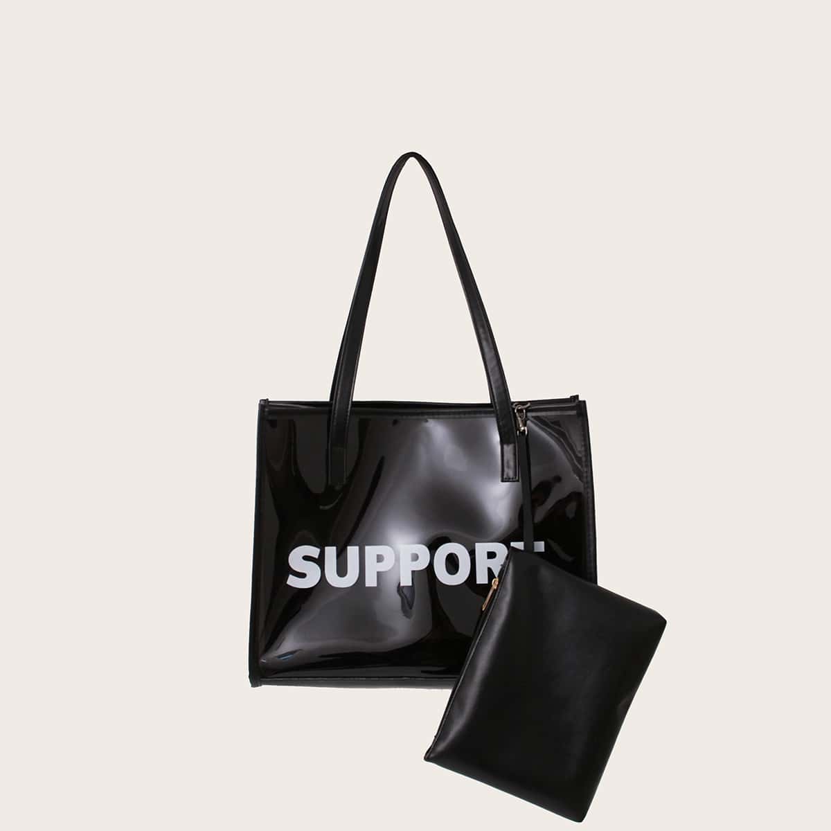

Letter Graphic Tote Bag With Inner Pouch, Black
